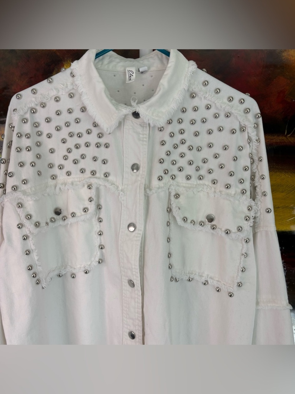 Elan White Distressed Denim Jacket with Stud Details Sz M - Picture 3 of 12